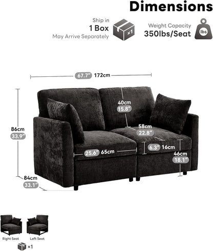 Tbfit 59" Loveseat Sofa, Chenille Small Sofa Couch, Love Seat with 2 Pillows for Small Space, Bedroom & Living Room, Black