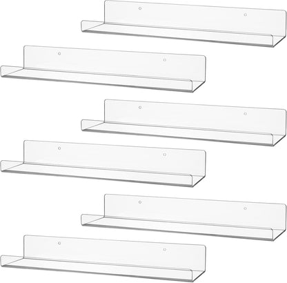 6 Pack Clear Acrylic Floating Shelves for Wall, 15'' Plastic Wall Mounted Display Shelf Kids Bookshelf and Spice Organizer for Bedroom, Living Room, Kitchen, Bathroom, Office