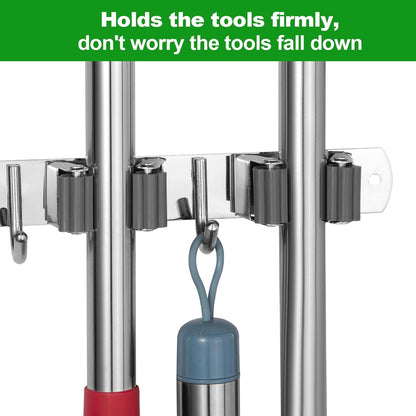 voze 3 Racks and 4 Hooks Mop and Broom Holder Wall Mount, Self Adhesive Heavy Duty Broom Organizer Storage Tool Racks for Kitchen Garden Laundry Garage