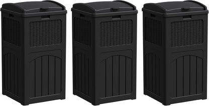 Greesum 33 Gallon Outdoor Trash Can with Lid, Waterproof Resin Garbage Bin for Hideaway, Deck, Patio, 3 Pack, Black