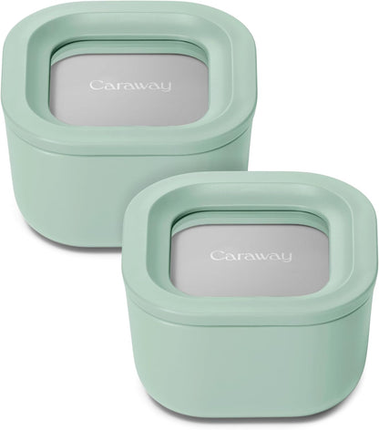 Caraway 2pc Glass Food Storage Set - 1.75 Cup Food Containers (2) - Non-Toxic Ceramic-Coated Glass - Air Release Technology - Compact & Stackable Design - Mist