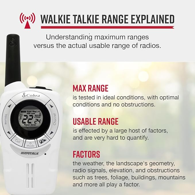 Cobra ACXT360 Water Resistant Walkie Talkies – Rechargeable, 22 Channels, Long Range 25-Mile Range Two-Way Radios 3-Pack, White, Silver and Red