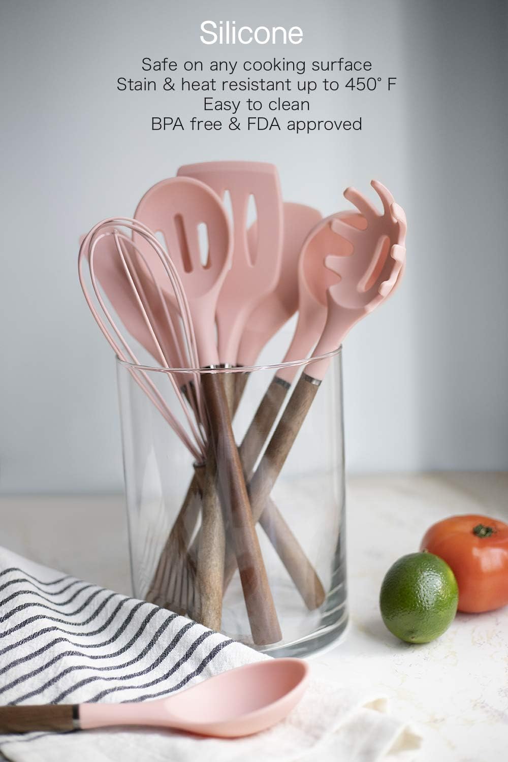 Country Kitchen Non Stick Silicone Utensil Set with Rounded Wood Handles for Cooking and Baking, 8 Piece Set, Pink