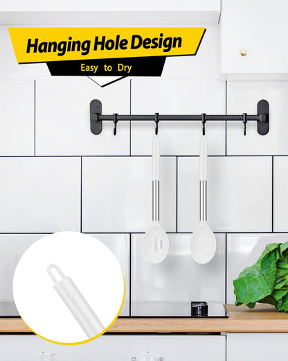 Pack of 2 Large Silicone Cooking Spoons,Non Stick Solid Basting Spoon,Heat-Resistant Kitchen Utensils for Mixing,Serving,Draining,Stirring (WHITE)