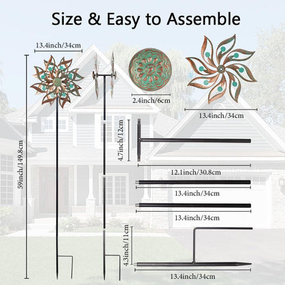 Viveta Metal Wind Spinners Outdoor,Vintage Kinetic Wind Spinner Garden Pinwheels with Metal Stake for Patio,Lawn,Garden,59 * 13.4 Inch