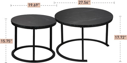 Round Modern Nesting Coffee Table Set of 2,Waterproof Faux Marble Wood Top & Metal Frame and Easy Assembly for Living Room,Office,Balcony (Black+Black