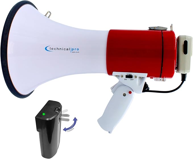 Technical Pro Rechargeable Portable 75-Watt Megaphone Bullhorn Speaker w/Siren & Detachable Microphone - Battery w/Battery a Built-in AC Wall Charger, Good for Trainers, Coaches, Cheer Leaders