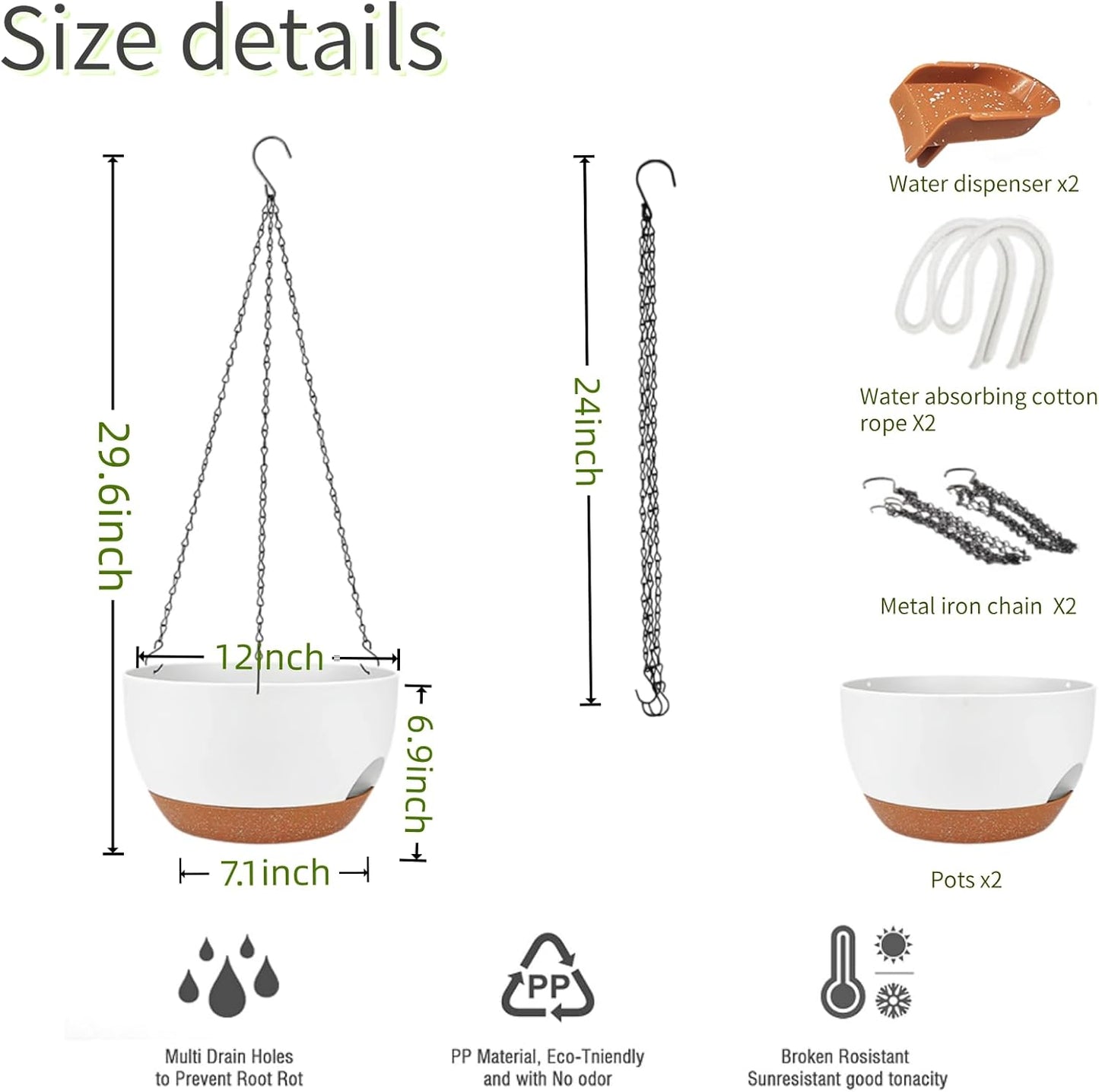 2 Pack Hanging Planters for Indoor Outdoor Plants, 12 Inch Self Watering Hanging Pot with Drainage Holes and Saucer, Plastic Plant Pots, White Brown Flower Pots for Kitchen, Balcony, Garden