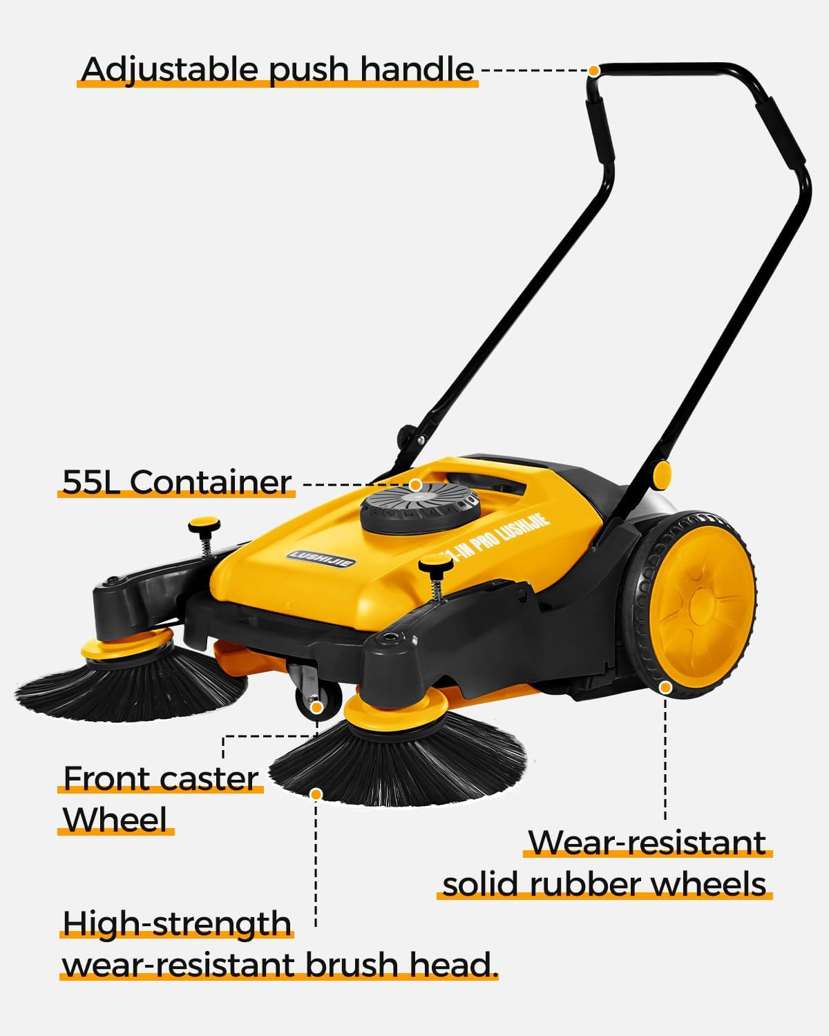 41" Industrial Walk-Behind Hand Push Floor Sweeper | Commercial 55L Large Capacity | 45000 SqFt/Hour | Indoor & Outdoor Use (Yellow)