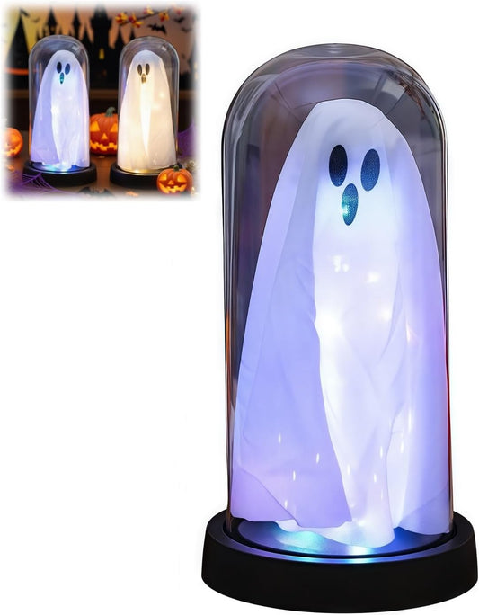 Light Up Ghost in Glass Cloche,Halloween Decorations Indoor,Cute LED Ghost Decor for Mantel,Tabletop,Cute Decorative Ornaments Suitable for Halloween Parties and Festivals(Colored Light,Glass Cover)