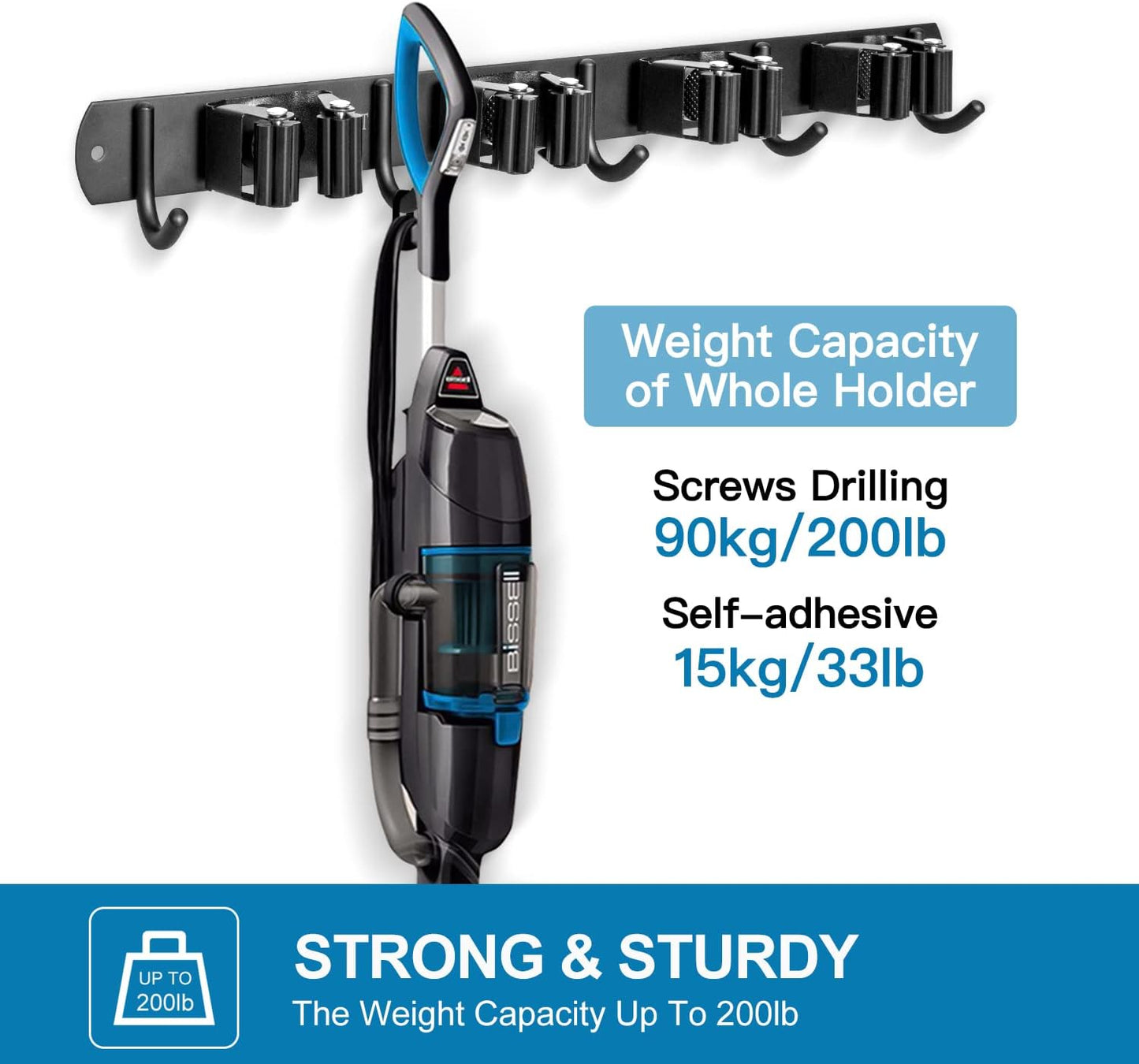 IMILLET 2 Pack Broom and Mop Holder Wall Mounted, Broom Holder Stainless Steel Broom Organizer Heavy Duty Tools Organizer Self Adhesive for Laundry Room Garage Garden（4 Racks and 5 Hooks）