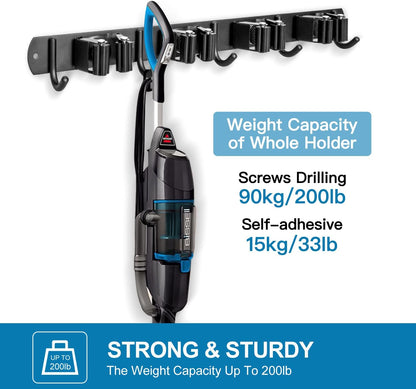 IMILLET 2 Pack Broom and Mop Holder Wall Mounted, Broom Holder Stainless Steel Broom Organizer Heavy Duty Tools Organizer Self Adhesive for Laundry Room Garage Garden（4 Racks and 5 Hooks）