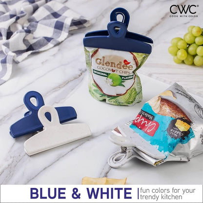COOK WITH COLOR Bag Clips - Heavy Duty Chip Clip and Refrigerator Magnet Clips for Food Storage with Air Tight Seal Grip, Blue and White, Pack of 8 Large Clips