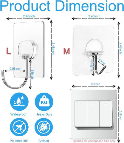Large Adhesive Hooks for Hanging Heavy Duty Wall Hooks Self Adhesive Towel Coat Hooks Waterproof Transparent Hook for Bathroom Shower Kitchen Keys Door Outdoor Home Improvement Utility Hook 12 Pack