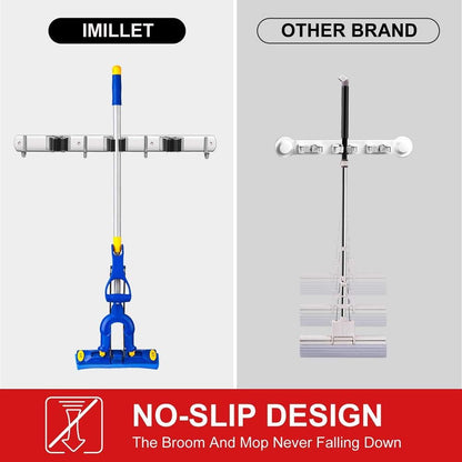 IMILLET Broom Holder Wall Mounted, Stainless Steel Broom and Mop Holder Self Adhesive Broom Organizer Heavy Duty Hooks Storage Organizer for Home Laundry Room Garden Garage Closet Kitchen (1 Pack)