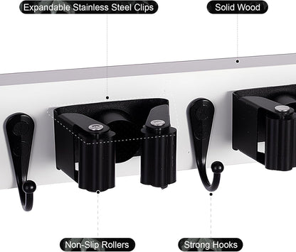 Broom Holder Wall Mount With 5 Slots & 4 Hooks，Rustic Wood Broom & Mop Hanger，Wall Mounted Garden & Garage Tool Storage Organizer Rack for Closet Laundry Room or Kitchen Wall Decor White