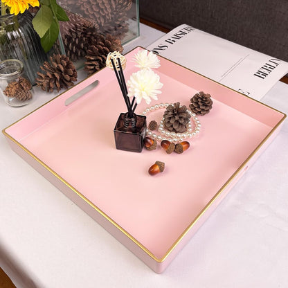 Pink Decorative Tray, Square Serving Tray with Handles, Plastic Coffee Table Tray for Ottoman, Living Room, Kitchen Tabletop, 13"x13"x1.6"