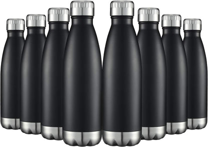 HASLE OUTFITTERS 17oz Stainless Steel Water Bottles Bulk, Vacuum Insulated Double Walled Reusable Metal Sports Water Bottles Keep Drinks Hot and Cold, Black, 8Packs