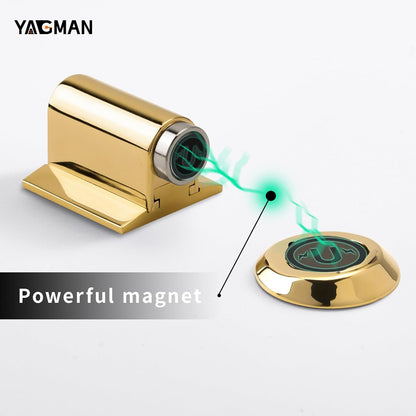 2 Pack Magnetic Door Stoppers Retractable Bottom of Door Holder No Drilling Mount Floor Door Stop with Screws and Adhesive Catch Door Keep Door Open Polished Gold PG-2