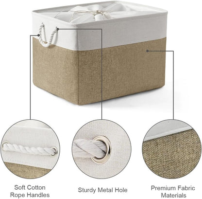 TheWarmHome Organization Basket - 20x16x14 inch Jumbo 3 Pack Collapsible Storage Bins for Shelves, Fabric Storage Cubes for Closet Organizer Gift Toy (White & Khaki)