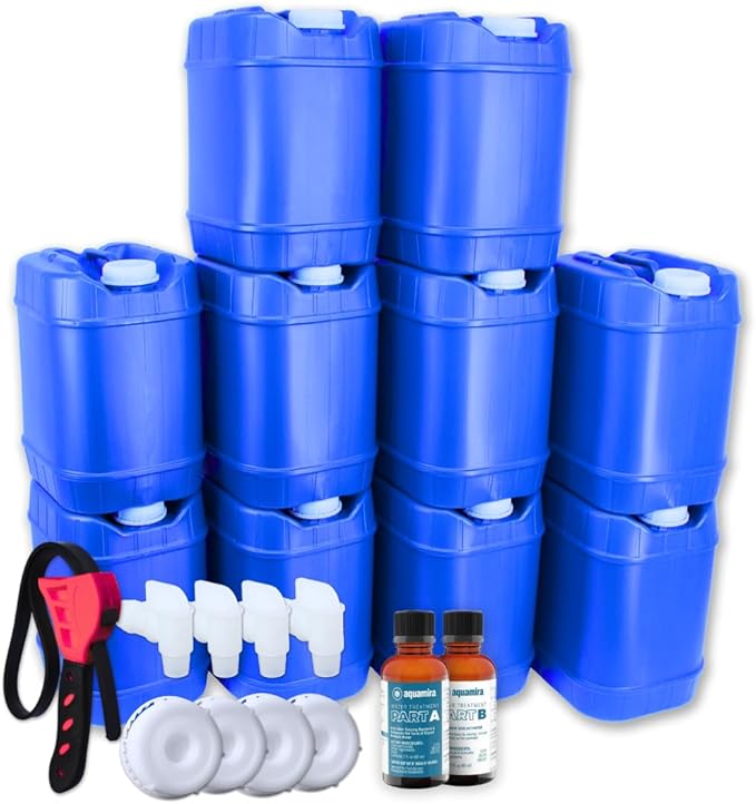 5-Gallon Stackable Water Storage Containers, Water Treatment,5 Gallons Each w/Lids + Spigot, Easy Fill, Survial Supply Emergency Water Storage for Disaster Preparedness, 50 Gallon (10 Tanks)