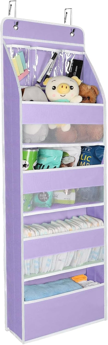 Univivi 5-Shelf Fabric Door Storage Over Door Hanging Organizer with 4 Large Pockets and 3 Small PVC Pockets Nursery Closet Cabinet Wall Mount Hanging Storage Organizers for Baby Nursery (Purple)