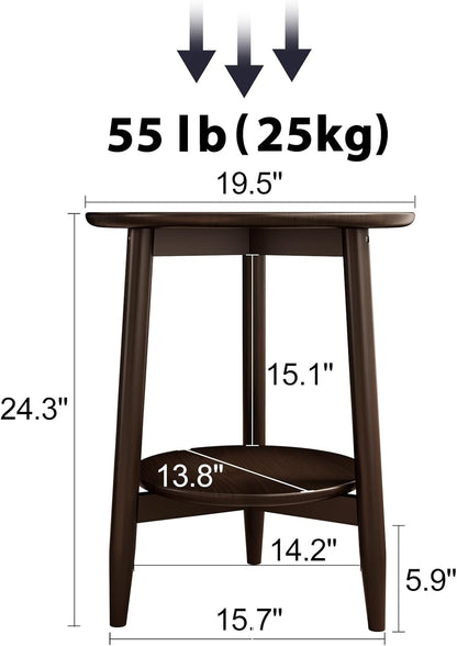Round End Table,Solid Wood Small Round Table with Lower Shelf,Round Side Table,Nightstand for Small Spaces,Living Room,Bedroom(Walnut)