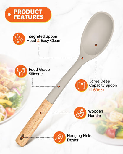 Silicone Cooking Spoons, Great for Scooping Sides and Serving Hearty Stews, BPA-Free Matte Silicone, Wooden Handle Serving Spoon for Nonstick Cooking Surfaces (Khaki)