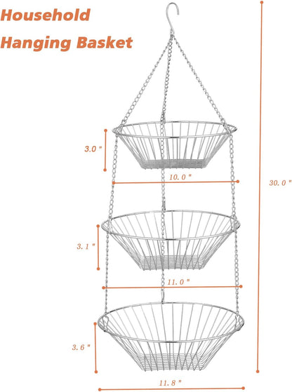 3-Tier Wire Fruit Hanging Basket 2 Packs, non-Punching Wall Hanging Storage, Kitchen Bathroom Organization Basket, Suitable for Bathroom, Kitchen, Closet, Garden, Chrome