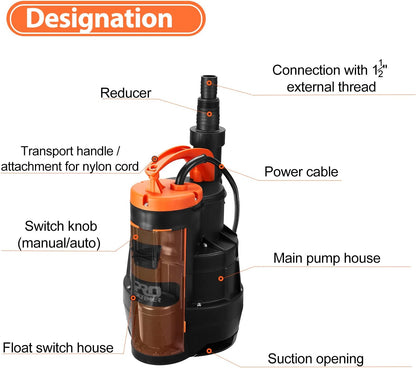 Prostormer Sump Pump, 1/2HP 2110GPH Sumbersible Water Pump, Portable Electric Pump with Build-in Float Switch for pool draining, Crop Irrigation, Yard and Flooded Cellar