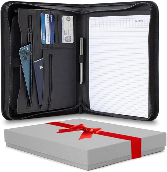 Forevermore Portfolios Padfolio Binder - Professional Faux Leather Travel Organizer Pouch for Tablet, Documents, Presentation Folders, Zipper Closure, Notepad - Black