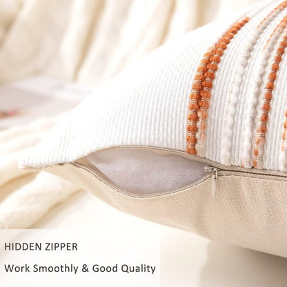 Boho Throw Pillow Covers 18x18 Set of 2 Christmas Decorative Cushion Case Striped Square Pillows Cover Chenille Pillow Cases Accent Neutral Pillowcase for Sofa Couch Bed,White Wine-red