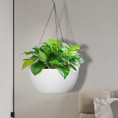 13 inch Large Hanging Planters Plant Pots for Outdoor Indoor Plants with Drainage Holes and Chain, 2 Pack Round Hanging Flower Pots for Garden Home Porch Decor, White