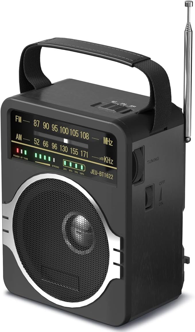 Portable AM FM Radio, Bluetooth 5.0 Radios 5 Watts Loud Speaker,FM Radio Built-in Rechargeable Battery/DC D*4 Cell Battery Operated & AC Power Plug in Wall Black