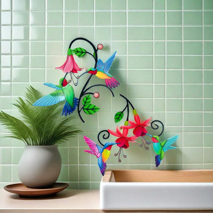 2 Pack Metal Hummingbird & Flower Outdoor Wall Art Decor, Creative Wall Decor for Patio, Fence, Deck, Garden, Home, Kitchen, Balcony