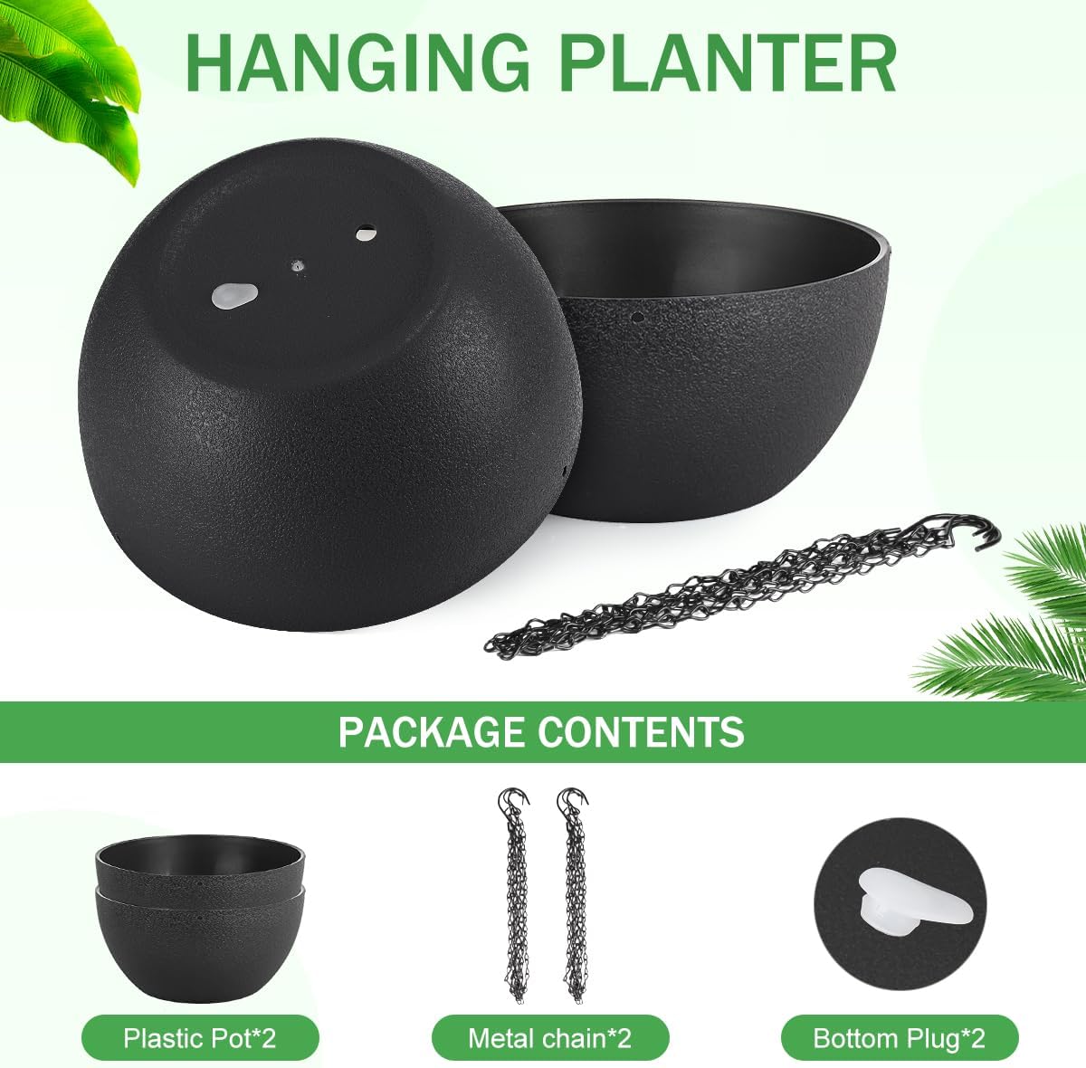 10 inch Hanging Planters for Indoor Plants, 2 Pack Planters for Outdoor Plants with Drainage Holes and Chain, Round Plastic Hanging Baskets, Hanging Flower Pots for Balcony Garden Decor-Black