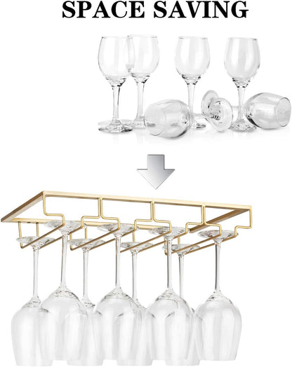 Wine Glass Rack Under Cabinet - Stemware Holder Metal Wine Glass Organizer Glasses Storage Hanger for Bar Kitchen Gold 4 Rows