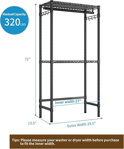 Over Washer and Dryer Shelves,2 Tier Adjustable Height Wire Shelving Laundry Room Storage Organization Clothes Drying Rack with Hanger Rod&Hooks,Space Saving Organizers Shelf,Black