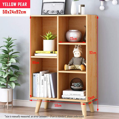 IOTXY Wooden Open Shelf Bookcase - 3-Tier Floor Standing Display Cabinet Rack with Legs, 5 Cubes Bookshelf, Pear Yellow