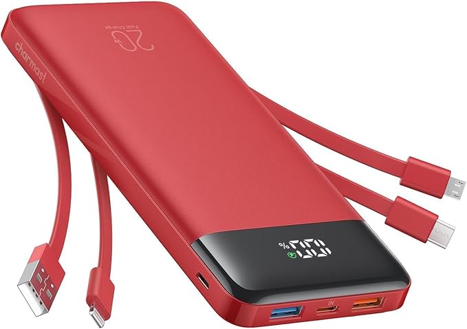 charmast 20000mAh Portable Charger with Built in Cables, 22.5W Travel Power Bank Fast Charging, USB C Cell Phone Battery Pack for iPhone 16/15/14/13/12/11 Series, iPad, Samsung, Android, Tablet