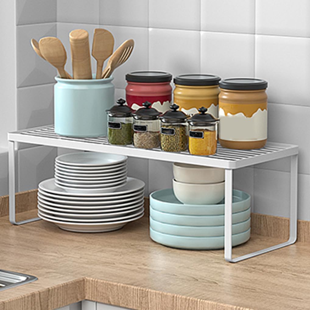 Kitchen Cabinet Storage Shelf Stackable Wire Spice Rack Organizer Heavy Duty Space Saver for Bathroom Bedroom Closet Laundry Room Office Countertop - White, Pack 1