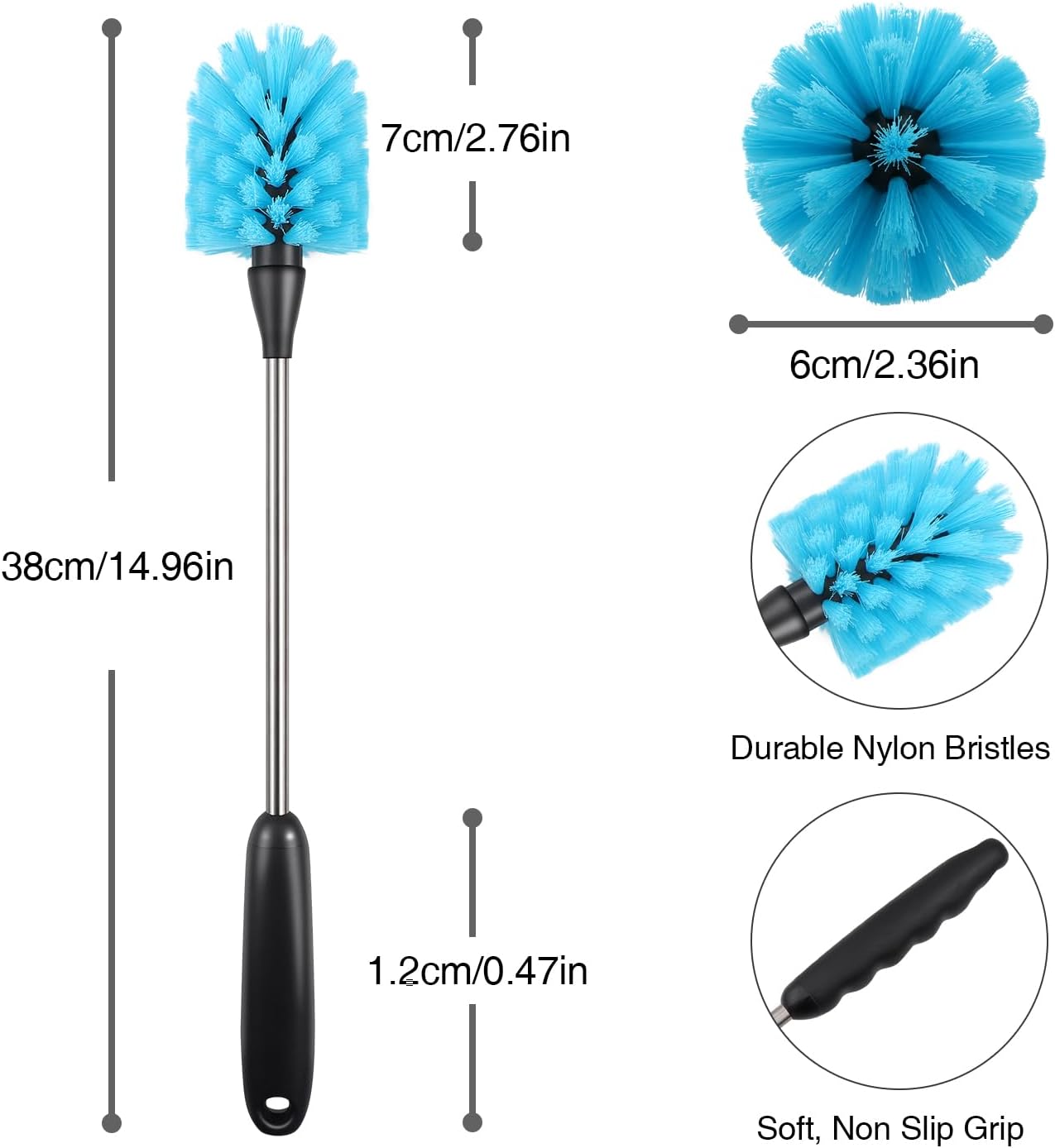 Water Bottle Brush, 15-inch Long, Bottle Brush Cleaner, Bottle Scrubber, Kitchen Scrub Brush Suitable for Water Bottles, Cups, Glasses, Baby Bottles, Wine Glasses, Blue
