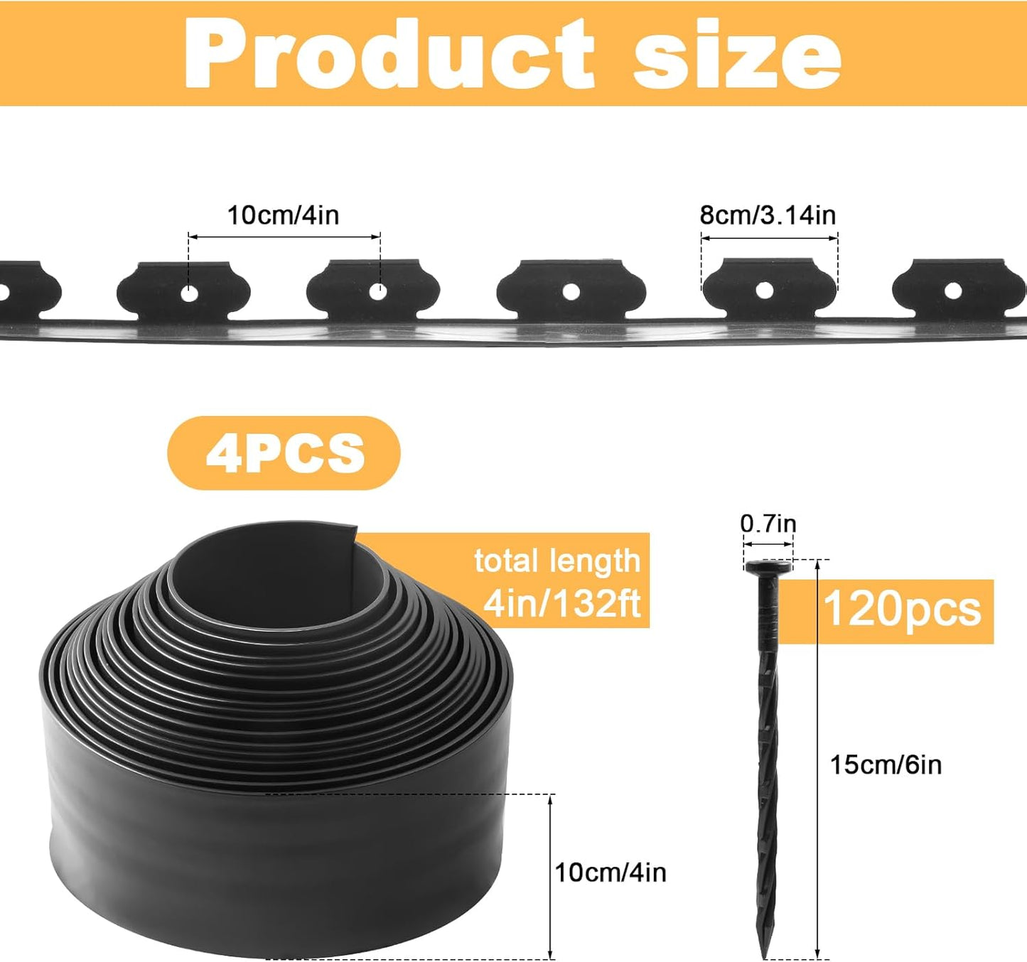 Landscape Edging 4Pack, 4in Tall-132FT Length Garden Edging with 120pcs Spikes, Plastic No Dig Edging for Landscaping, Garden Edging Border for Lawn, Flower Bed, Yard Pathway