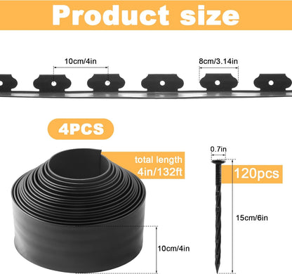 Landscape Edging 4Pack, 4in Tall-132FT Length Garden Edging with 120pcs Spikes, Plastic No Dig Edging for Landscaping, Garden Edging Border for Lawn, Flower Bed, Yard Pathway