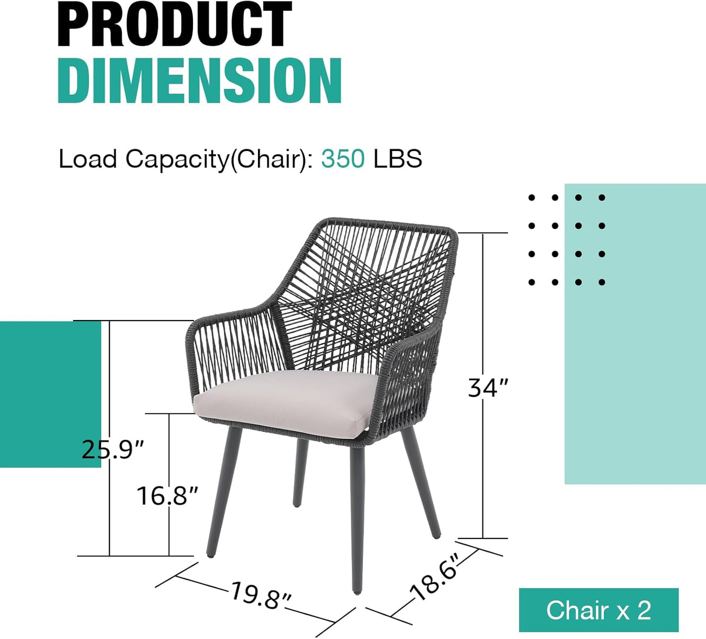 Patiorama Patio Dining Chair Set of 2, Woven Rope Outdoor Dining Chairs w/Steel Frame, All-Weather Twisted Rattan Chairs w/Armrest & Cushion, Outdoor Dining Wicker Chairs for Backyard Garden(Black)