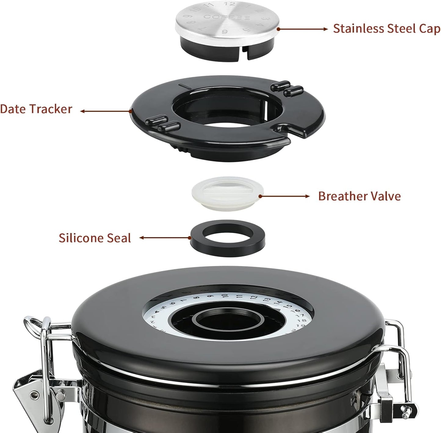 malmo Coffee Canister, Airtight Coffee Container with Date Tracker Lid, Stainless Steel Canister for Kitchen Food Storage (Black-Copper, 12oz)