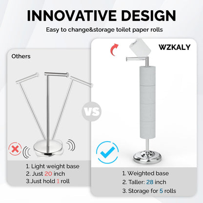 Freestanding Toilet Paper Holder Stand with Storage – Holds 4 Extra Rolls – Chrome Toilet Paper Holder for Bathroom – Sturdy Base, Classic Retro Style, Space-Saving Bathroom Storage Organizer