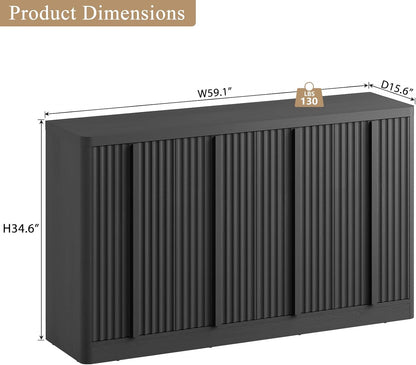 Fluted Buffet Cabinet with Storage, 60" Sideboard Buffet Storage Cabinet with 4 Doors & Adjustable Shelves, Wood Coffee Bar Credenza Accent Cabinet for Kitchen, Dining Room, Living Room, Black(1PCS)