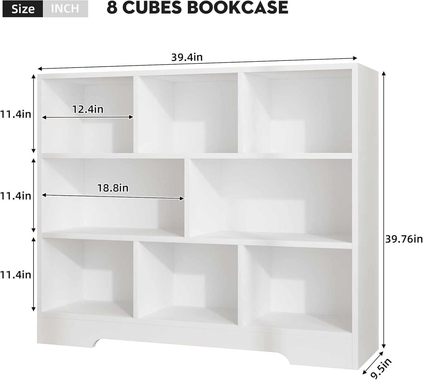 Book Shelf, 8 Cubes Storage Organizer, 3-Tier Open Shelf Wooden Bookcase, Freestanding White Bookshelf Cube Shelf for Bedroom, Living Room, Home Office