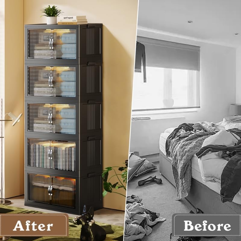 SAILUN 136Gal/543Qt Stackable Storage Bins Folding Collapsible Storage Bins with Lid, Closet Organizers and Storage, Storage Box with Door Black 26" W x 17" D x 71" H